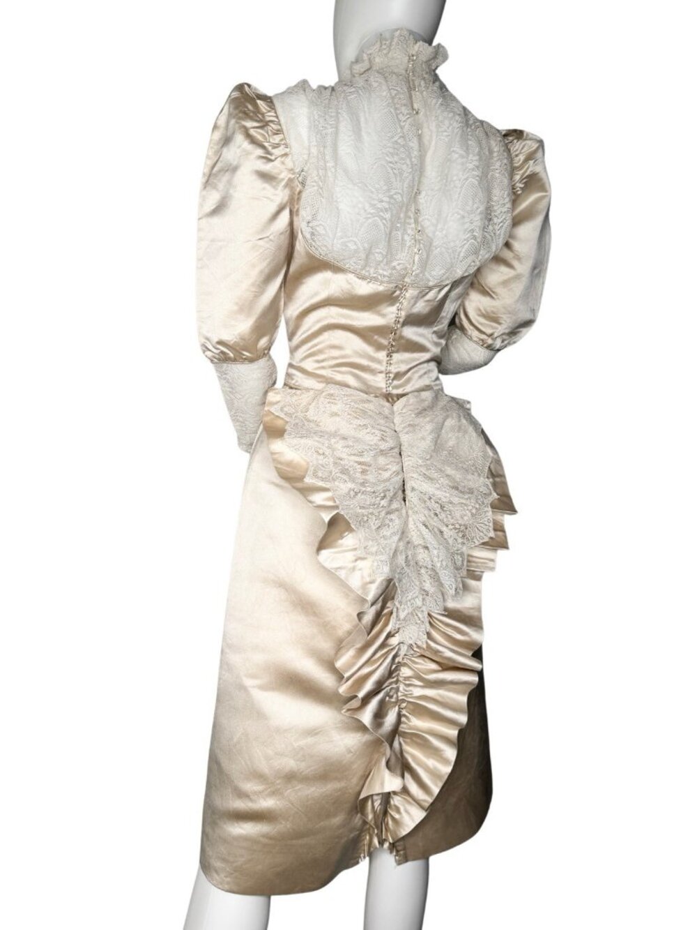 Vintage Size S Victorian Revival Wedding Dress Champagne Satin Lace Bustle Back